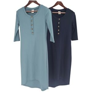Lot of 2 Lou Lou Blue Henley High‑Low 3/4 Sleeve Knit Dresses Women's XS